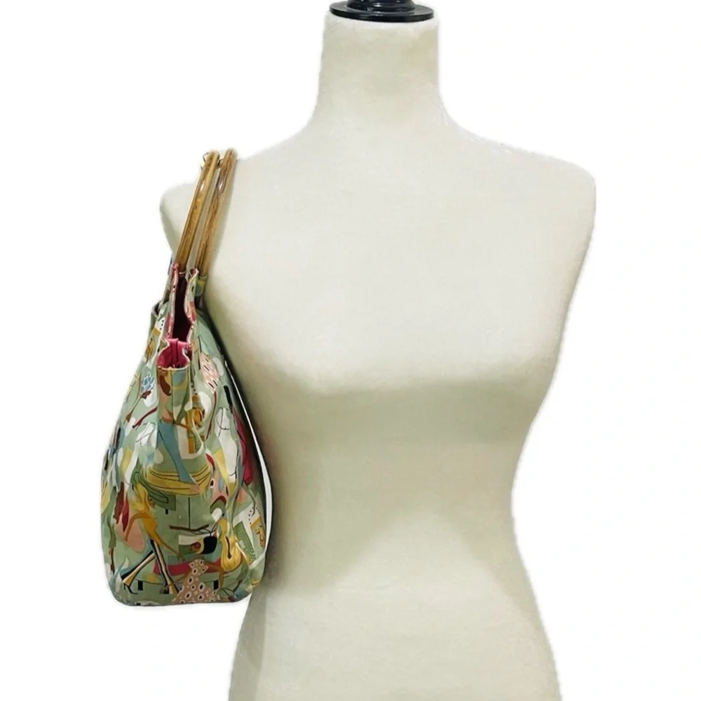 Neiman Marcus Mod Print Handbag with Bamboo Handles - Picture 4 of 10